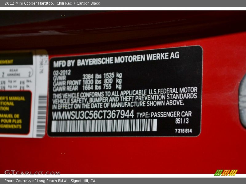 Chili Red / Carbon Black 2012 Mini Cooper Hardtop