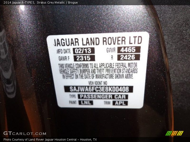 2014 F-TYPE S Stratus Grey Metallic Color Code LNL