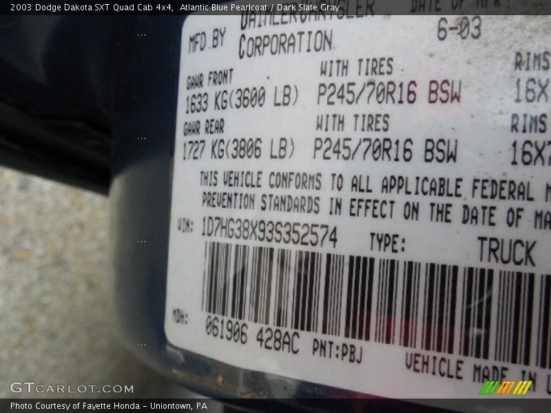 Atlantic Blue Pearlcoat / Dark Slate Gray 2003 Dodge Dakota SXT Quad Cab 4x4