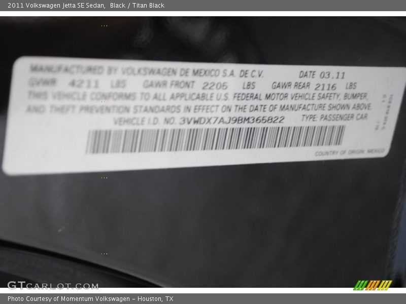Black / Titan Black 2011 Volkswagen Jetta SE Sedan