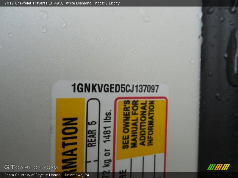 White Diamond Tricoat / Ebony 2012 Chevrolet Traverse LT AWD