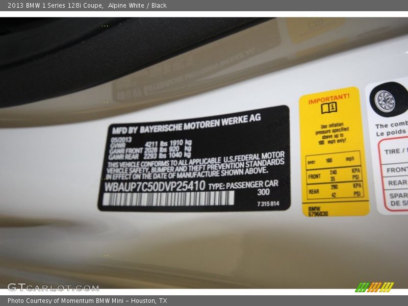 Alpine White / Black 2013 BMW 1 Series 128i Coupe