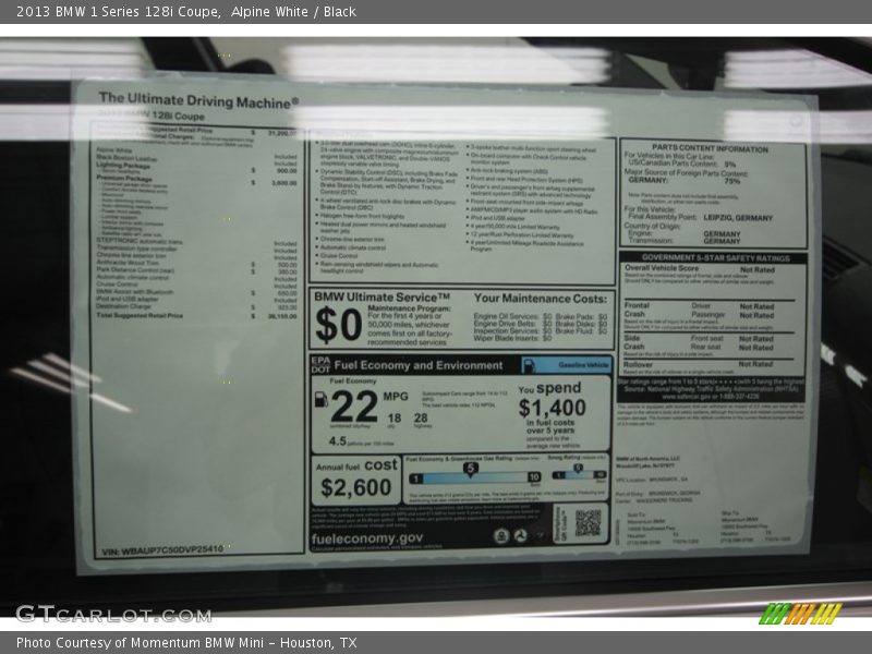 Alpine White / Black 2013 BMW 1 Series 128i Coupe