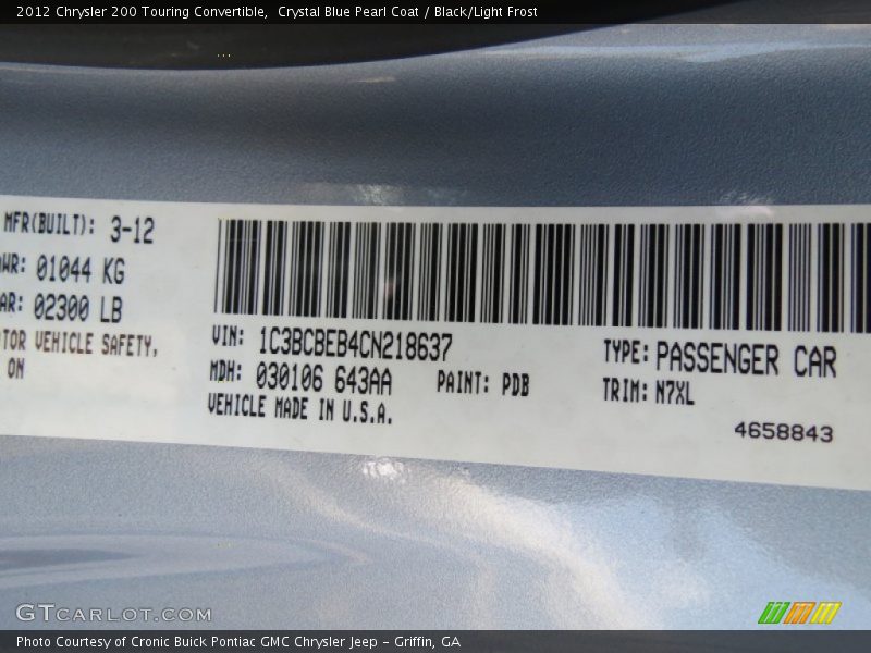 Crystal Blue Pearl Coat / Black/Light Frost 2012 Chrysler 200 Touring Convertible