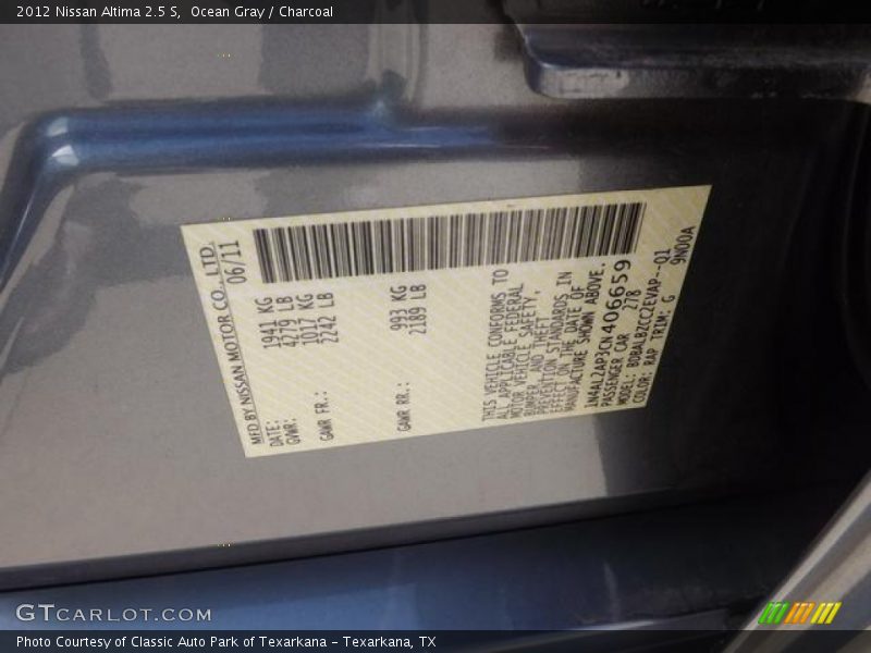 Ocean Gray / Charcoal 2012 Nissan Altima 2.5 S