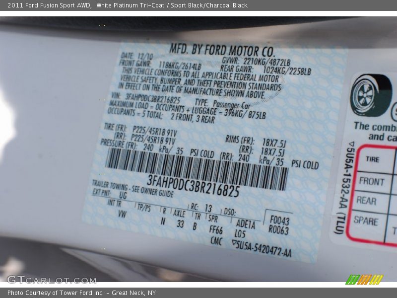White Platinum Tri-Coat / Sport Black/Charcoal Black 2011 Ford Fusion Sport AWD