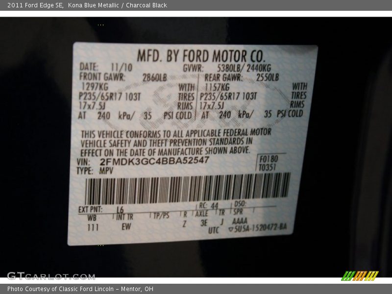 Kona Blue Metallic / Charcoal Black 2011 Ford Edge SE