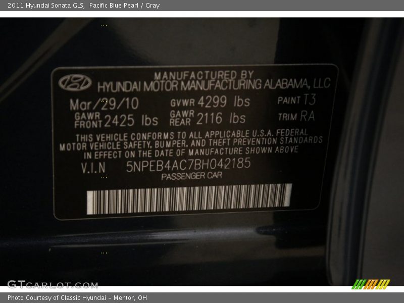 Pacific Blue Pearl / Gray 2011 Hyundai Sonata GLS