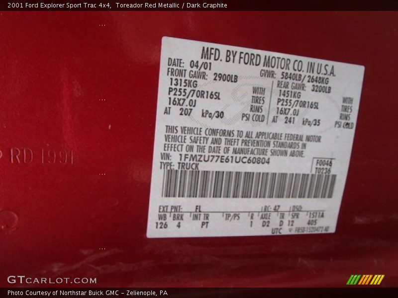 Toreador Red Metallic / Dark Graphite 2001 Ford Explorer Sport Trac 4x4