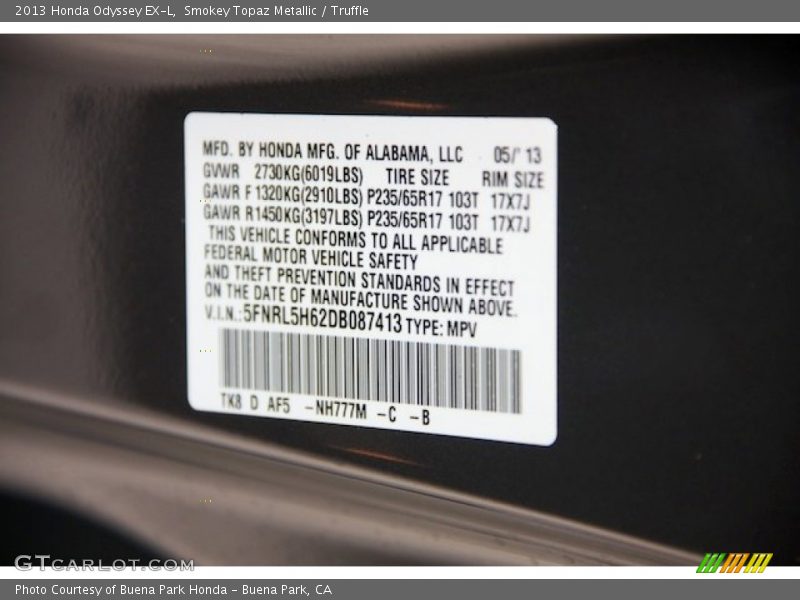 Smokey Topaz Metallic / Truffle 2013 Honda Odyssey EX-L