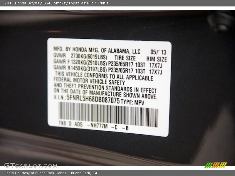 Smokey Topaz Metallic / Truffle 2013 Honda Odyssey EX-L