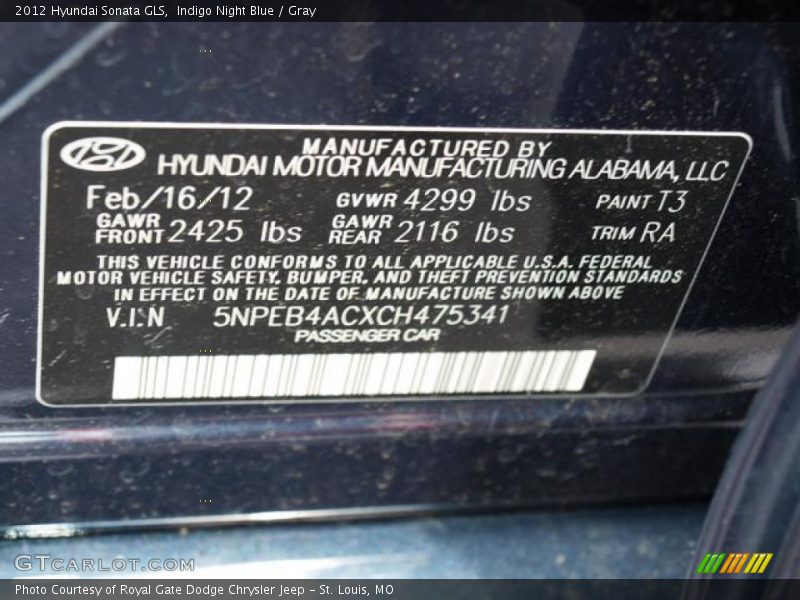 Indigo Night Blue / Gray 2012 Hyundai Sonata GLS