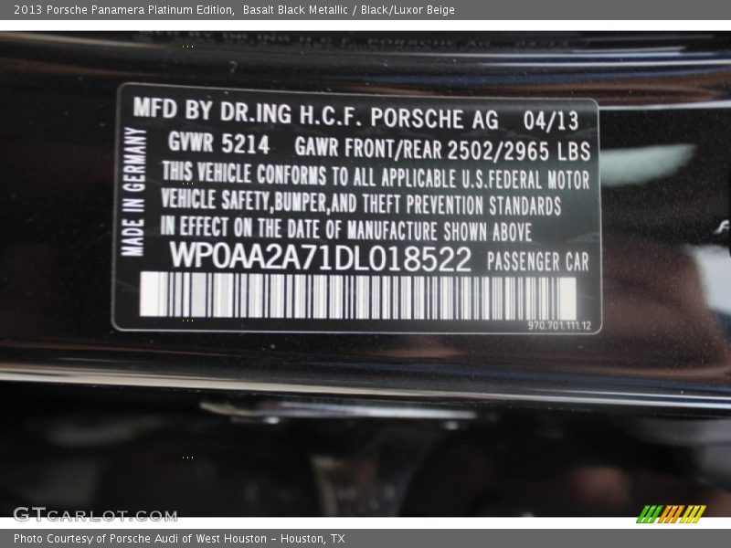 Basalt Black Metallic / Black/Luxor Beige 2013 Porsche Panamera Platinum Edition