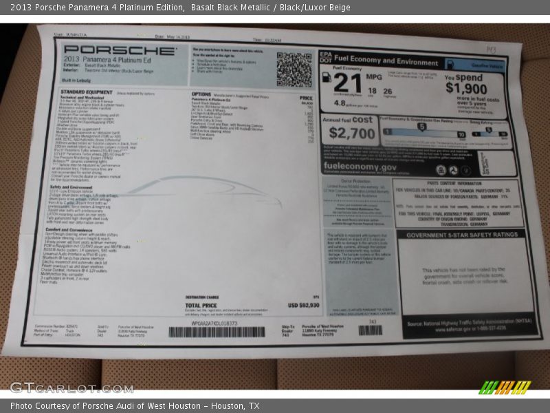  2013 Panamera 4 Platinum Edition Window Sticker