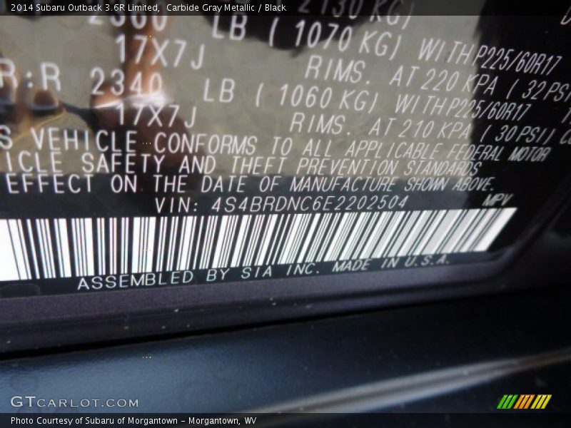 Carbide Gray Metallic / Black 2014 Subaru Outback 3.6R Limited
