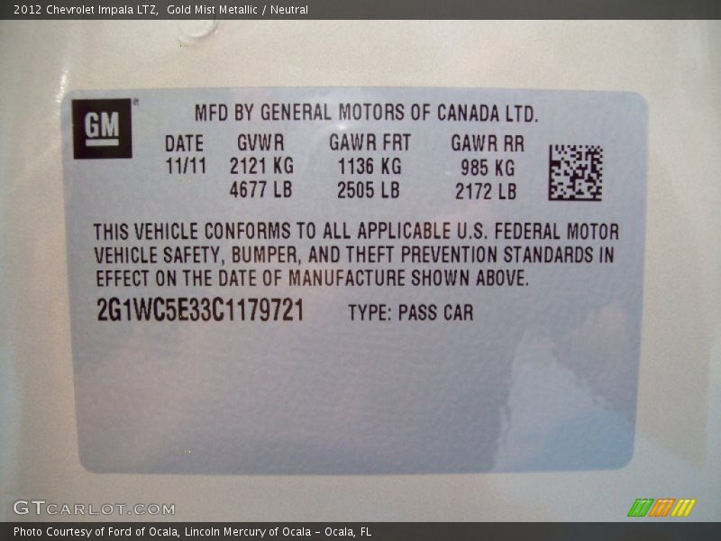 Gold Mist Metallic / Neutral 2012 Chevrolet Impala LTZ