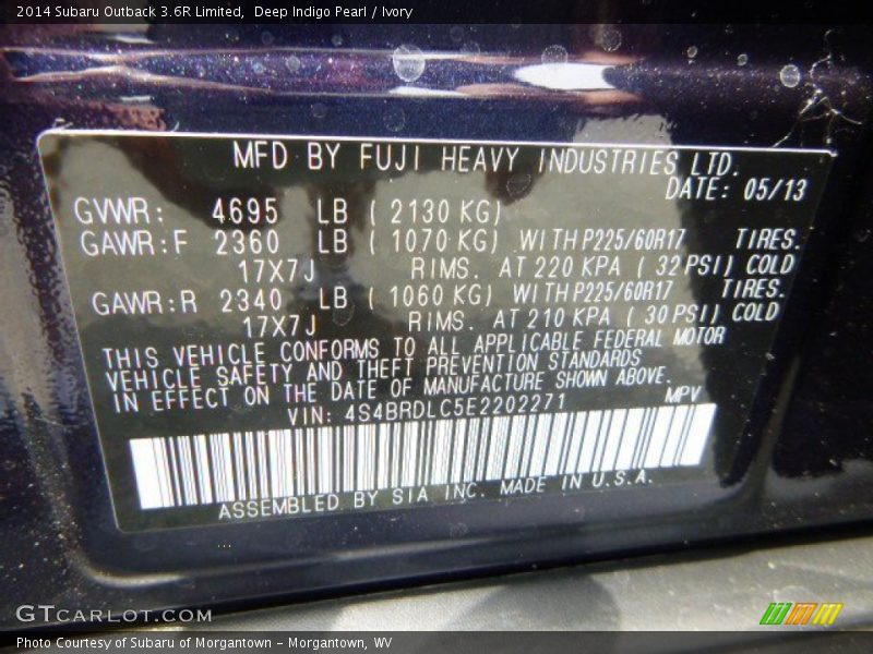 Deep Indigo Pearl / Ivory 2014 Subaru Outback 3.6R Limited