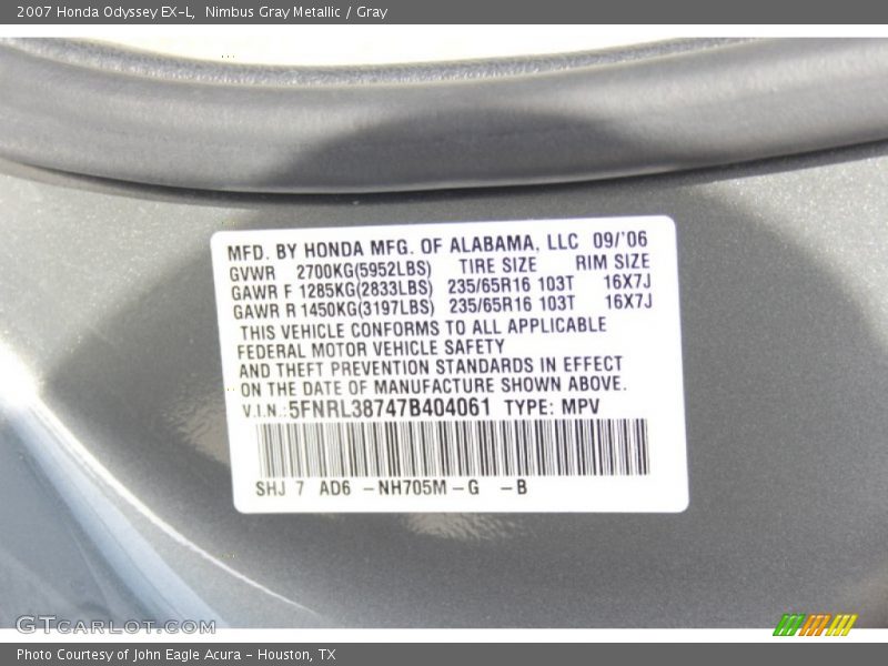 Nimbus Gray Metallic / Gray 2007 Honda Odyssey EX-L