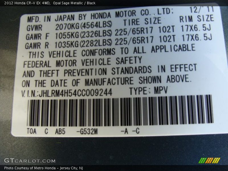 Opal Sage Metallic / Black 2012 Honda CR-V EX 4WD