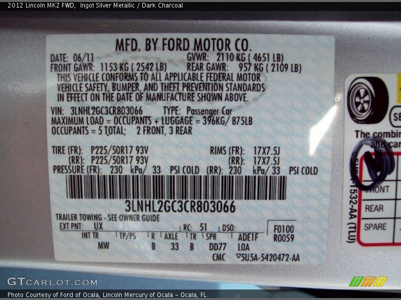Ingot Silver Metallic / Dark Charcoal 2012 Lincoln MKZ FWD