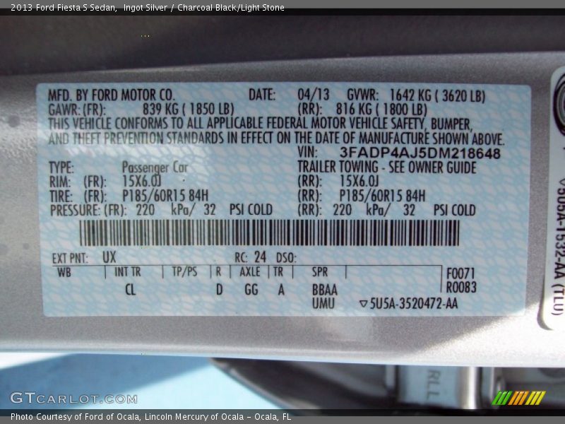 Ingot Silver / Charcoal Black/Light Stone 2013 Ford Fiesta S Sedan