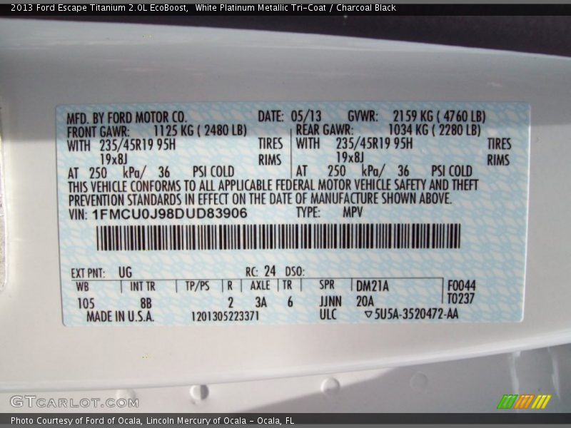 White Platinum Metallic Tri-Coat / Charcoal Black 2013 Ford Escape Titanium 2.0L EcoBoost