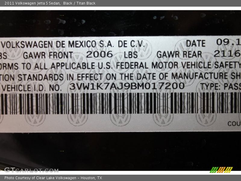 Black / Titan Black 2011 Volkswagen Jetta S Sedan