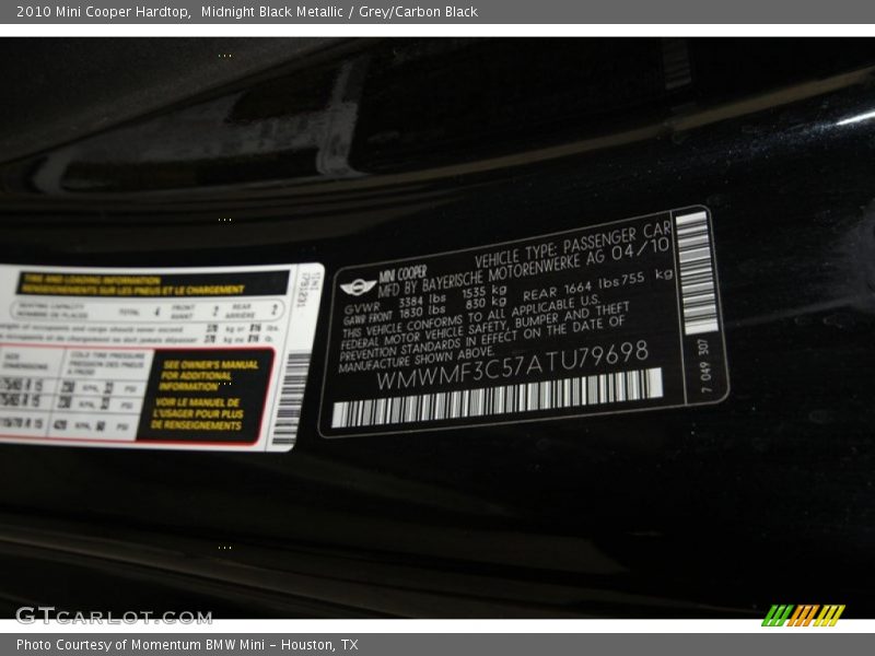 Midnight Black Metallic / Grey/Carbon Black 2010 Mini Cooper Hardtop
