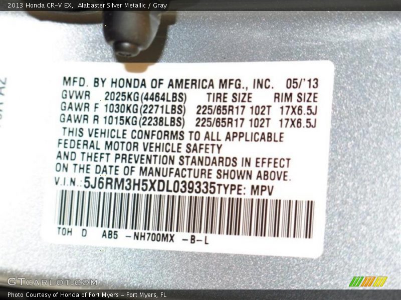 Alabaster Silver Metallic / Gray 2013 Honda CR-V EX