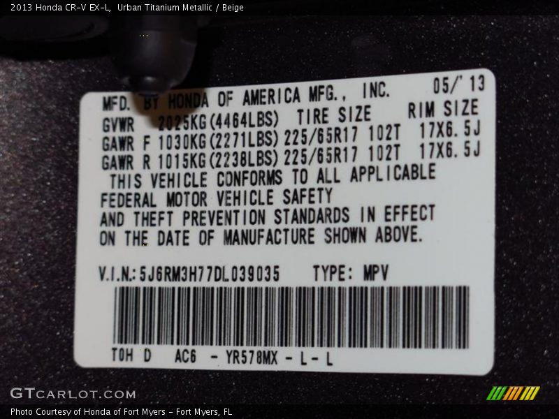 Urban Titanium Metallic / Beige 2013 Honda CR-V EX-L