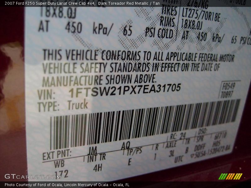 Dark Toreador Red Metallic / Tan 2007 Ford F250 Super Duty Lariat Crew Cab 4x4
