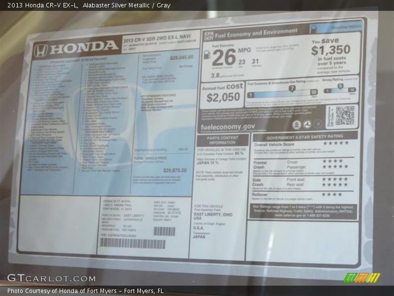 Alabaster Silver Metallic / Gray 2013 Honda CR-V EX-L