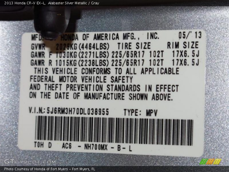 Alabaster Silver Metallic / Gray 2013 Honda CR-V EX-L