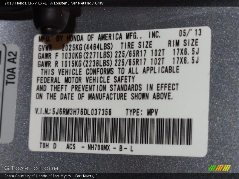 Alabaster Silver Metallic / Gray 2013 Honda CR-V EX-L