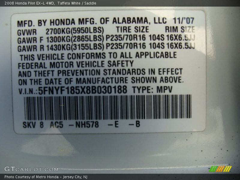 Taffeta White / Saddle 2008 Honda Pilot EX-L 4WD