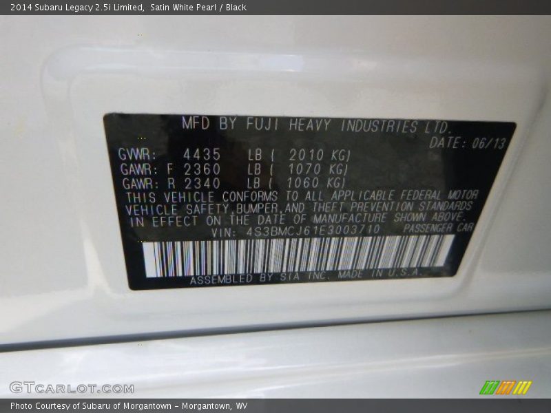 Satin White Pearl / Black 2014 Subaru Legacy 2.5i Limited