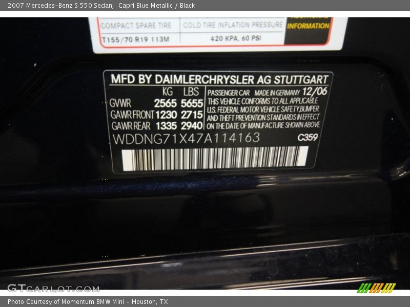 Capri Blue Metallic / Black 2007 Mercedes-Benz S 550 Sedan