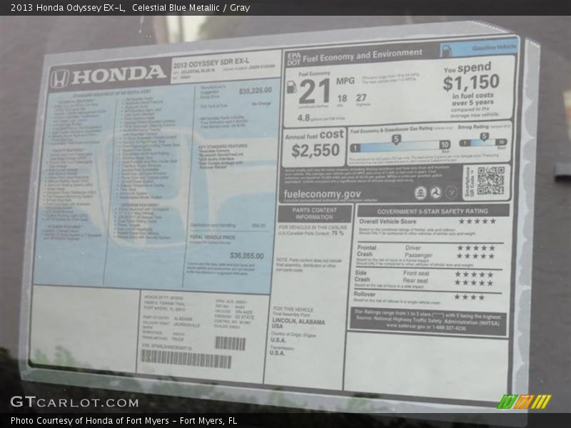 Celestial Blue Metallic / Gray 2013 Honda Odyssey EX-L