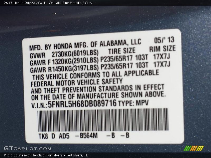 Celestial Blue Metallic / Gray 2013 Honda Odyssey EX-L