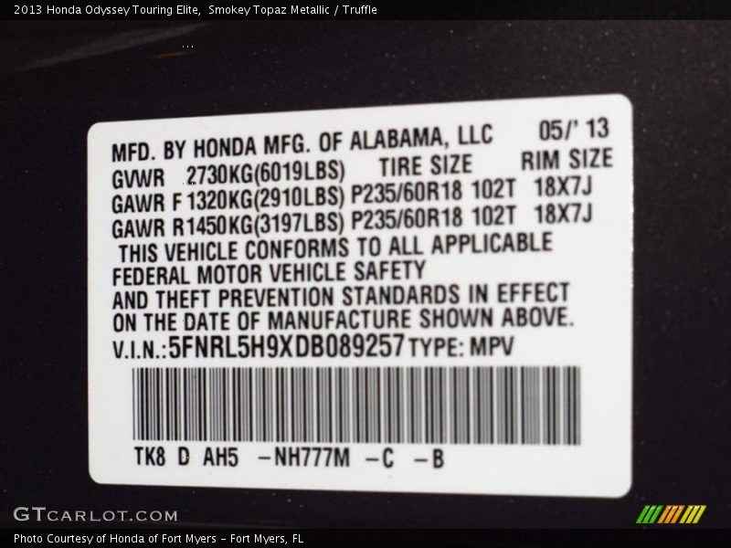 Smokey Topaz Metallic / Truffle 2013 Honda Odyssey Touring Elite