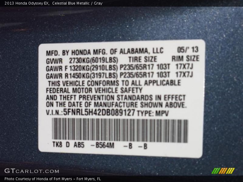 Celestial Blue Metallic / Gray 2013 Honda Odyssey EX