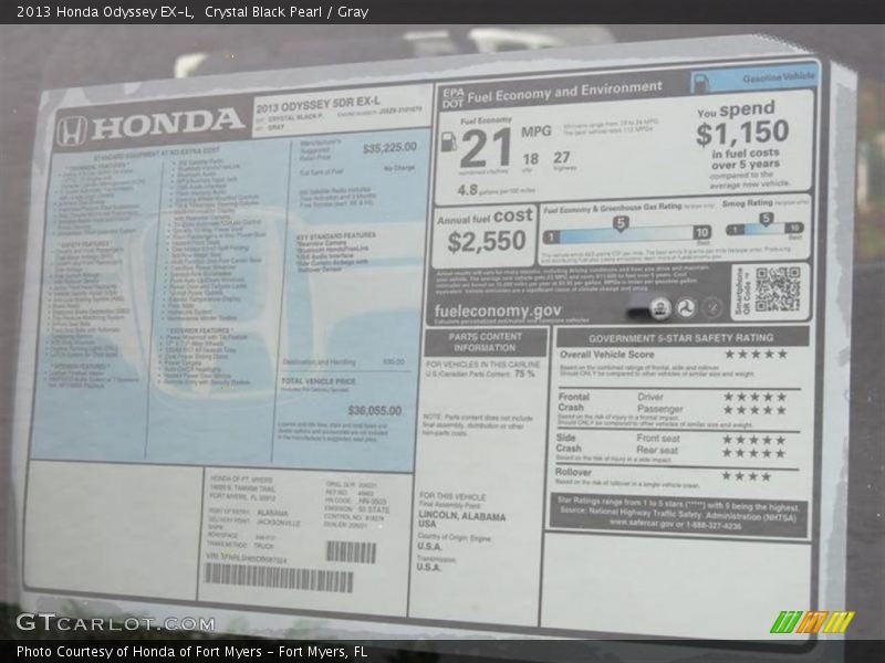 Crystal Black Pearl / Gray 2013 Honda Odyssey EX-L