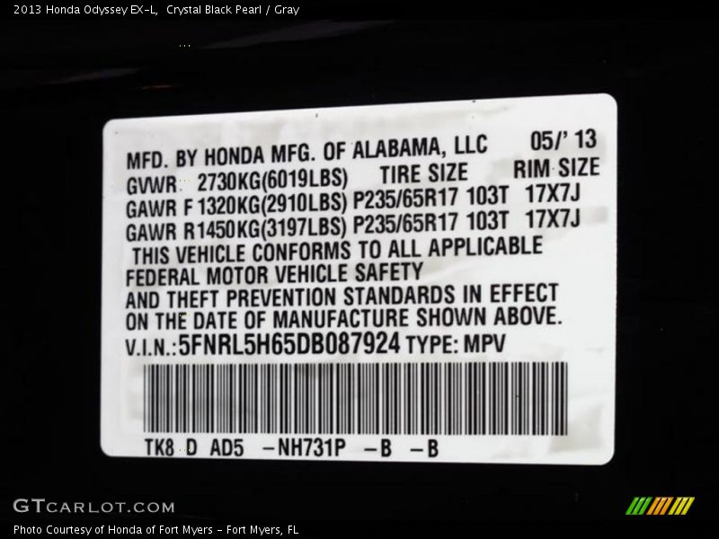 Crystal Black Pearl / Gray 2013 Honda Odyssey EX-L