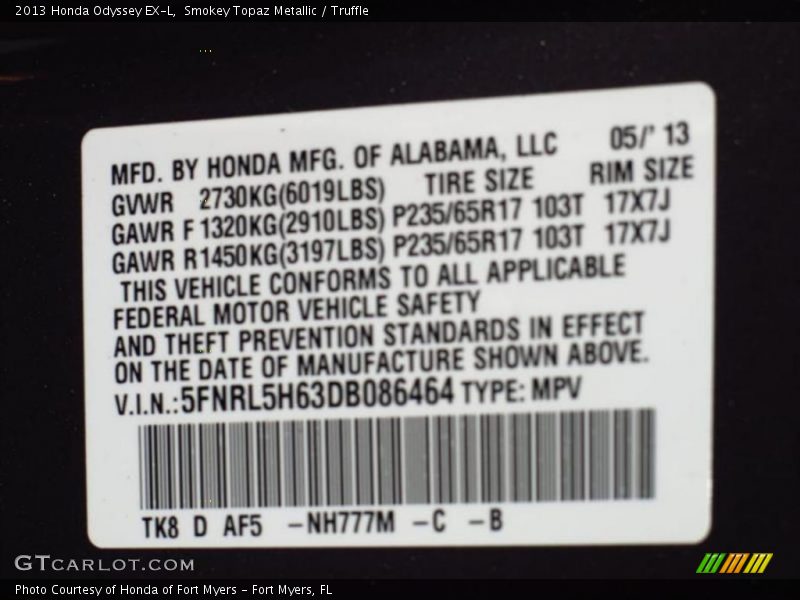 Smokey Topaz Metallic / Truffle 2013 Honda Odyssey EX-L