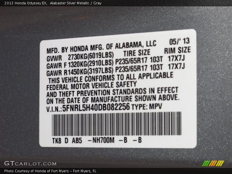 Alabaster Silver Metallic / Gray 2013 Honda Odyssey EX