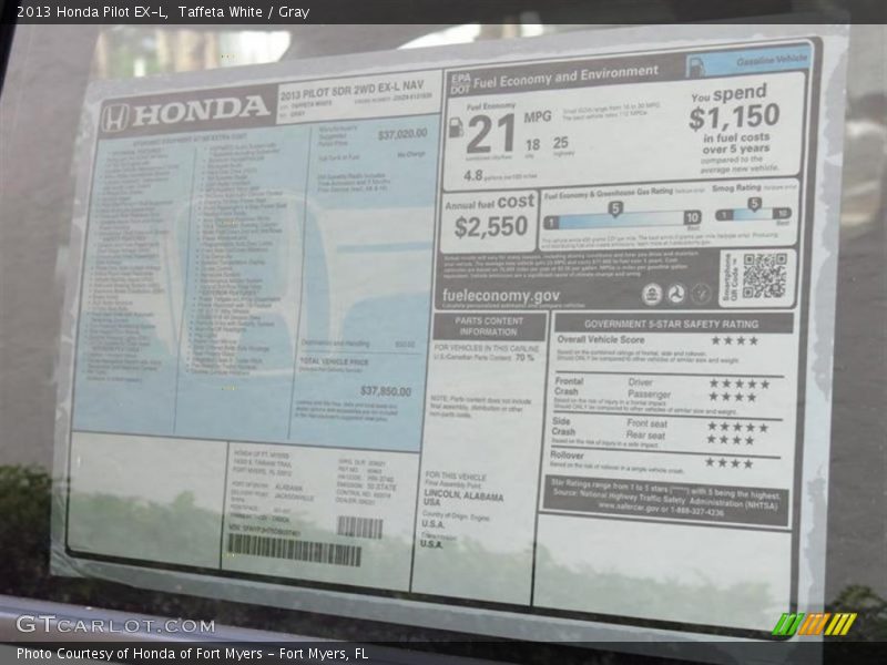 Taffeta White / Gray 2013 Honda Pilot EX-L
