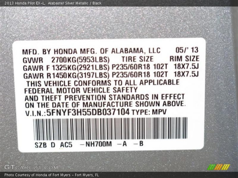 Alabaster Silver Metallic / Black 2013 Honda Pilot EX-L