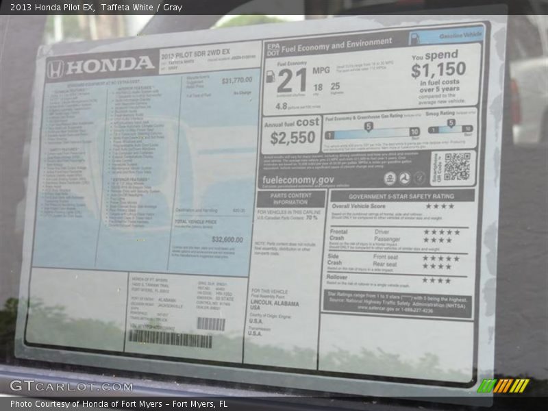 Taffeta White / Gray 2013 Honda Pilot EX