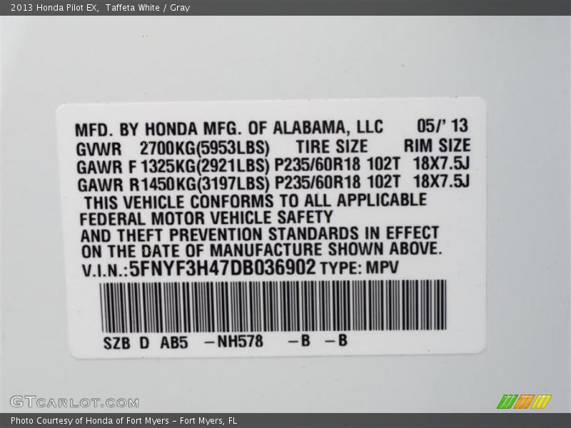 Taffeta White / Gray 2013 Honda Pilot EX