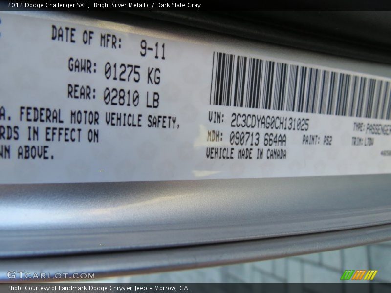 Bright Silver Metallic / Dark Slate Gray 2012 Dodge Challenger SXT